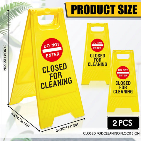 Two Pack Double Sided Closed For Cleaning Floor Signs Bright Yellow Folding Warning Plaques showing size and design features.