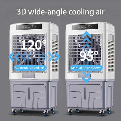Keep Things Chill With This Portable Evaporative Air Cooler Delivering Whisper Quiet Three Fan Speeds Four Reusable Ice Crystals And Handy Timer For Bedroom Or Office, featuring 120° and 95° adjustable cooling.