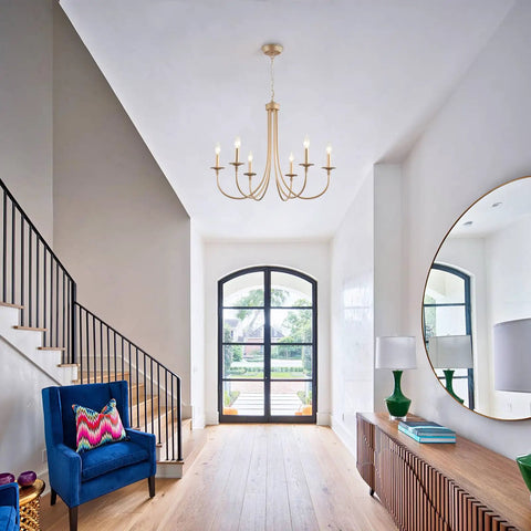 Dope Gold Farmhouse Chandelier With Industrial Style 6 Light Pendant Lighting in hallway, modern candlestick ceiling fixture view