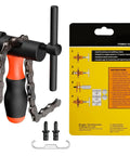 Heavy Duty Bike Chain Breaker Tool for 5 to 12 Speed and Single Speed Chains with manual, two pins, and hook visible