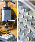 Close-up of Six-Piece All in One Combination Drill and Tap Bit Set in use, showing threading in metal with high speed steel bit.