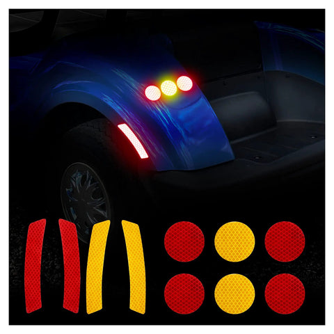 Top Shelf Golf Cart Reflector Strips Slick Peel N Stick Decal Kit With Heavy Duty Waterproof Glue Quick Install For Yamaha Ezgo Club Car featuring red and amber reflective decals on a blue golf cart.
