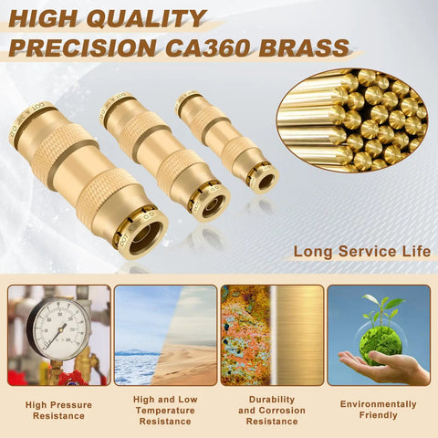 26 Piece Quick Connect Brass DOT Air Line Fittings Straight Union Kit for 1/4 Inch, 3/8 Inch, and 5/32 Inch tubing, high quality CA360 brass.
