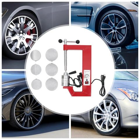 Spot Tire Vulcanizing Kit For Cars And Trucks 110V With 6 Molds, red tool and car tire close-ups displayed