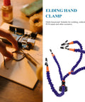 Person using Third Hand Soldering Station With Flexible Arm Clamp Stand For PCB Repair And DIY Electronics Blue Soldering Iron Holder