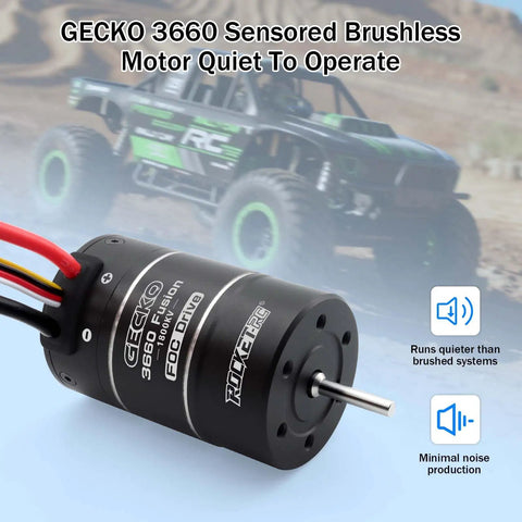Close-up of Gecko 3660 brushless motor with RC rock crawler in background, showcasing drive system for 1/10 scale models.