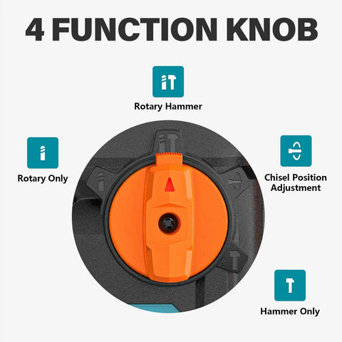 4 function knob on 1-1/4 Inch SDS-Plus Rotary Hammer Drill With Vibration Control And Safety Clutch, 12.5 Amp Corded Drill