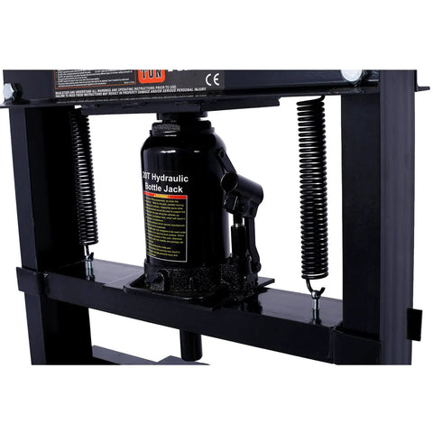 Garage Workhorse 20 Ton Hydraulic Shop Press With Rock Solid H Frame Floor Mount Stand For Weekend Warriors And Pro Shops showing hydraulic bottle jack detail.
