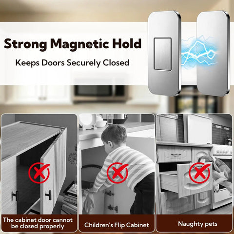 Ultra Thin Magnetic Cabinet Door Magnets 20 Pack With Double Sided Tape For Quick Cabinet Closure Strong Hold Stainless Steel Magnetic Drawer Latches Easy Install And Durable Kitchen Furniture Hardware showing uses to prevent door issues.