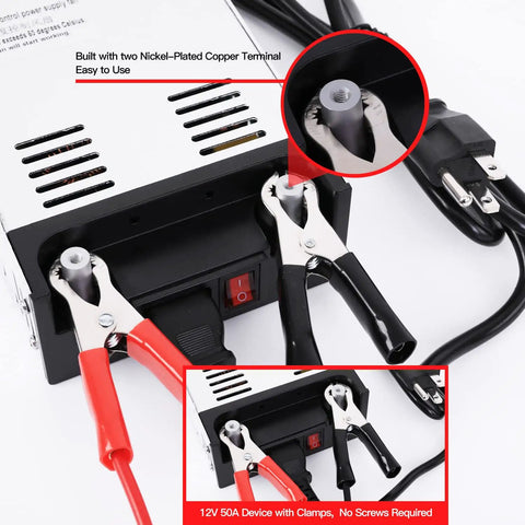 Beefy 12V 50A 600W DC Power Supply Converter with nickel-plated terminals and clamp wires, showing cooling fan and power cords.