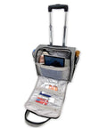 Newcastle 15 Inch Underseat Luggage with telescoping handle open showing padded tablet pocket and zippered organizer pockets