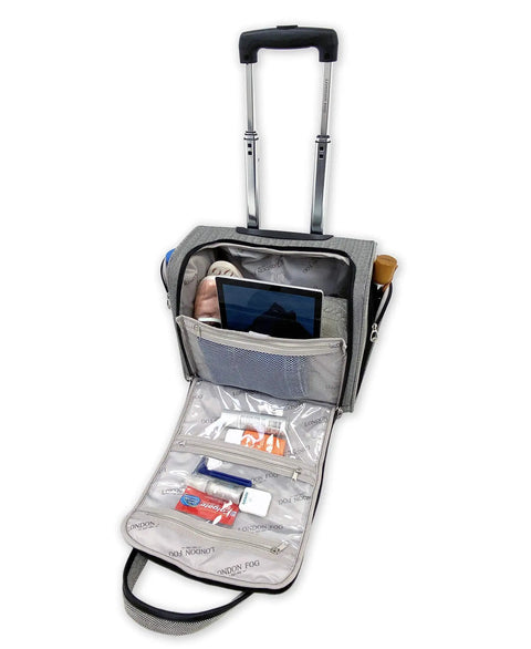 Newcastle 15 Inch Underseat Luggage with telescoping handle open showing padded tablet pocket and zippered organizer pockets