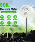 All-In-One Soil Moisture Meter and pH Test Kit for Indoor Outdoor Plants with 200 Plus Plant Care Guide, 100 pH Strips, 50ml Test Tube, No Battery Needed, Pro-Grade Garden Tool showing a 90-degree rotating display beside seedlings in soil