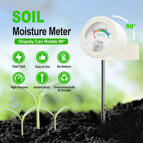 All-In-One Soil Moisture Meter and pH Test Kit for Indoor Outdoor Plants with 200 Plus Plant Care Guide, 100 pH Strips, 50ml Test Tube, No Battery Needed, Pro-Grade Garden Tool showing a 90-degree rotating display beside seedlings in soil