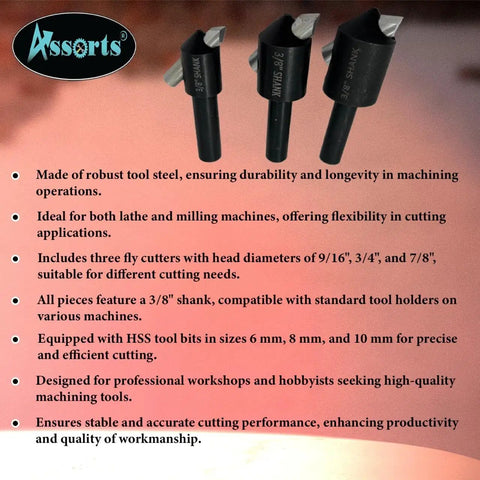 Assorted Three Piece Fly Cutter Set For Milling Machines With HSS Tool Bits In Multiple Shank Sizes Three Eighths Inch Shank