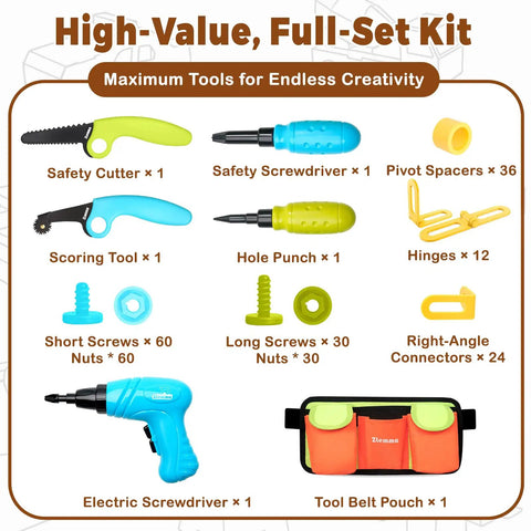 Kids Cardboard Construction Tool Set With Safe Kid Friendly Hands On Drill And Tool Belt 258 Pieces STEM Building Kit For Hands On Creative Projects And DIY Engineering Fun For Boys And Girls At Home Or In School, tools and pouch