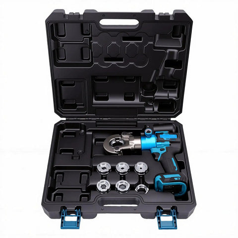 Eujgoov Cordless Hydraulic Lug Crimping Tool With 12 Dies For 18V Battery in a sturdy carrying case with organized dies.
