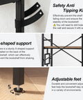 Detail of Safety Anti Tipping Kit and X-shaped support on Sturdy 84 Inch Tall Industrial Bookshelf With Rustic Brown Metal Frame And Seven Open Shelves.