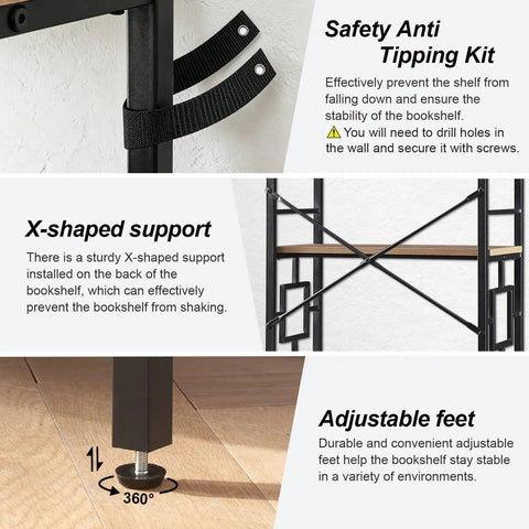 Detail of Safety Anti Tipping Kit and X-shaped support on Sturdy 84 Inch Tall Industrial Bookshelf With Rustic Brown Metal Frame And Seven Open Shelves.