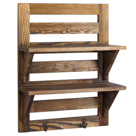 Hella Sturdy Two Tier Wall Mounted Wooden Shelf Rack With Reliable Key And Towel Hooks For Entryway Storage Dark Brown Farmhouse Design Totally Elevates Your Space Quick
