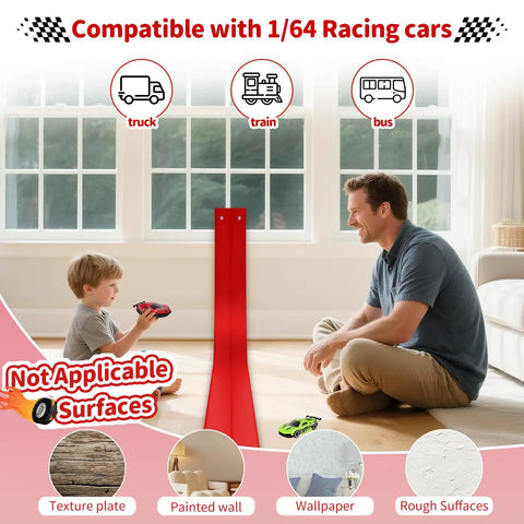 Father and son playing with 16 Ft Flexible Race Track With Suction Cups For Diecast 1 64th Cars Portable Roll Out Red Car Track