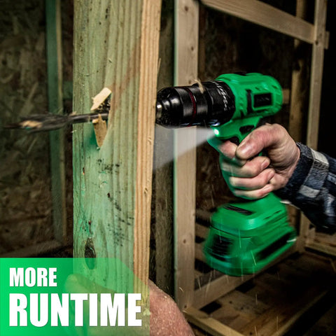 Person using 20V Brushless Cordless Drill Kit With Hammer Mode Beast Power Dual 2Ah Batteries And Charger 450 Inch Pounds Torque on wood