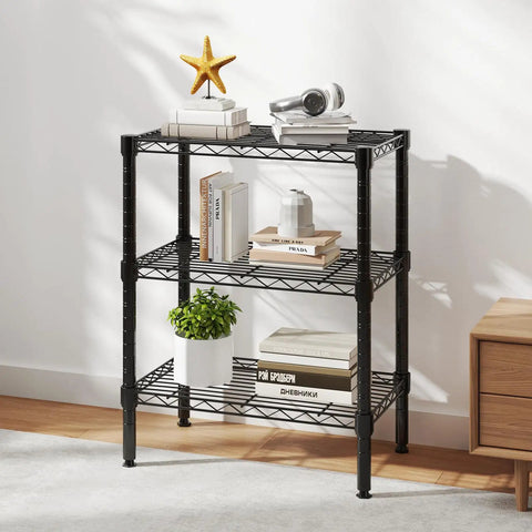 Three-Tier Metal Wire Storage Shelves For Kitchen Garage And Pantry, Adjustable Standing Rack set up in a room