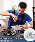 40-piece stainless steel tiny torsion spring set (0.5 mm wire, 4.5 mm OD) shown as a man repairs a computer.
