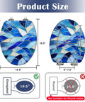 Elongated Blue Stained Glass Effect Abstract Mosaic Flowing Toilet Seat size guide with dimensions for elongated toilets.