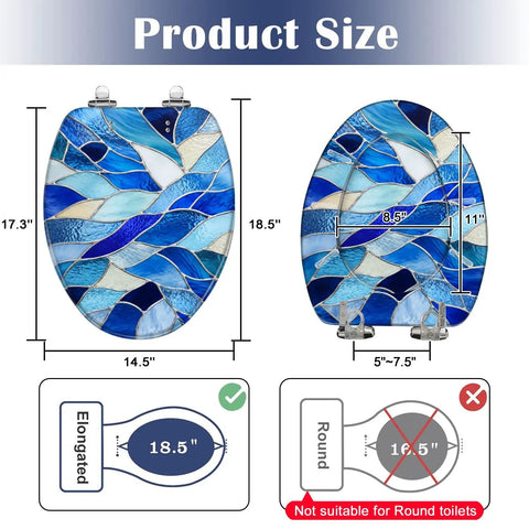 Elongated Blue Stained Glass Effect Abstract Mosaic Flowing Toilet Seat size guide with dimensions for elongated toilets.