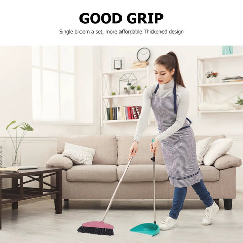 Long Handle Broom With Dense Stiff Bristles Heavy Duty Floor Sweeper Built For Yards Driveways Garages Low Bend Build, in use on hardwood floor.