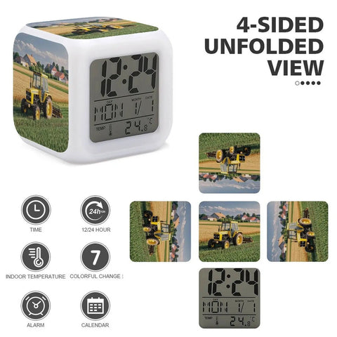 4-sided view of Heavy Sleeper Tractor Alarm Clock With LED Display Super Loud Alarm 7 Color Night Light And Built In Sound Machine.