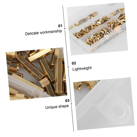 Top Shelf Brass Hexagon Column Standoff Screw And Nut Assortment Kit For Electronics and Tech Rig, showing lightweight hex brass pieces in storage box.