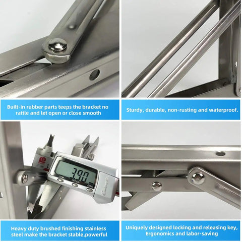 Built Tough Space Saving Folding Shelf Brackets 16 Inch Stainless Steel Collapsible Hinges with measurement details