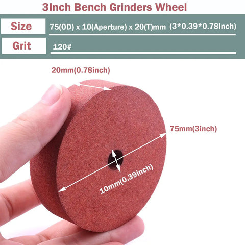 Boss Grade Heavy Duty Three Inch Brown Corundum Grinding And Polishing Replacement Wheel For Mini Bench Grinders With Quick 120 Grit in hand.
