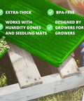 Close-up of a green Beast Mode Durable Seed Starting Tray with text highlights on features like BPA-free and extra-thick design, on wooden pallet.