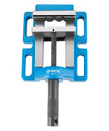 Pro Grade Cast Iron Drill Press Vise With 4 Inch Jaws and Precision Ground Base, blue color, for holding metal and wood securely.