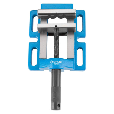 Pro Grade Cast Iron Drill Press Vise With 4 Inch Jaws and Precision Ground Base, blue color, for holding metal and wood securely.
