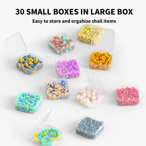 Clear Bead Organizer Storage Box Set With 31 Hinged Lid Containers containing colorful beads and small parts on display
