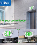 LED Combo Emergency Exit Sign With Two Adjustable Heads And Backup Battery 120 277V UL 924 Listed Green Letter on wall
