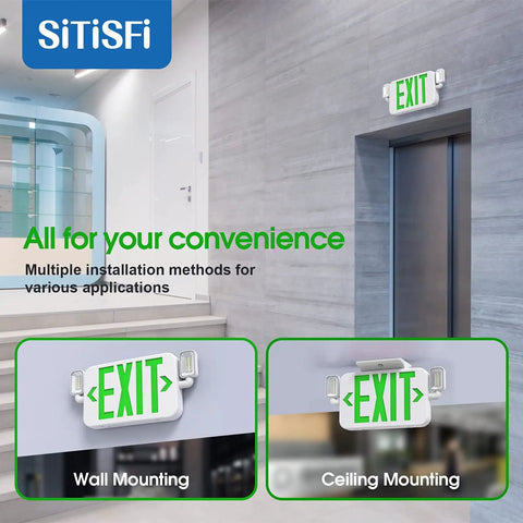 LED Combo Emergency Exit Sign With Two Adjustable Heads And Backup Battery 120 277V UL 924 Listed Green Letter on wall