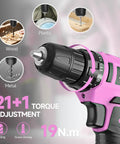Close-up of pink drill from 149 Piece Home Tool Set With 12V Pink Cordless Drill LED Light And Tool Box for DIY projects