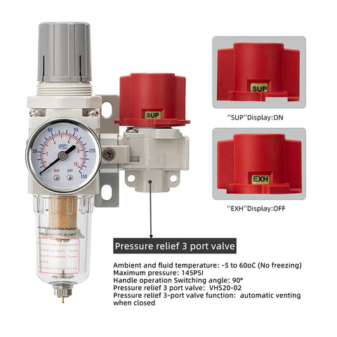 Pneumatic Air Compressor Filter Regulator Combo One Quarter Inch NPT 0 To 120 PSI Range with pressure relief three port valve close-up view