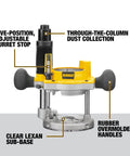Fixed And Plunge Base Router Kit With Soft Start And Electronic Variable Speed, 12 Amp Motor, 24,000 RPM, showing adjustable turret stop and dust collection features