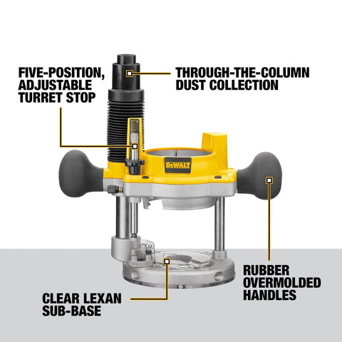 Fixed And Plunge Base Router Kit With Soft Start And Electronic Variable Speed, 12 Amp Motor, 24,000 RPM, showing adjustable turret stop and dust collection features