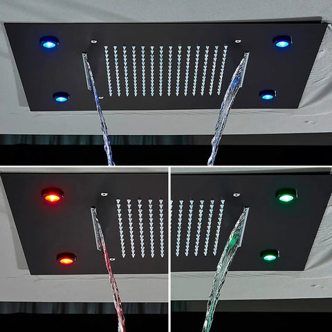 Straight Fire Black Shower System With Switchable Led Color Changing Lights And Wide Spray Rain Head Paired With Nifty Handheld Sprayer For Dang Smooth Diverter Valve Bathroom Flex LED color changing lights on matte black rain head.
