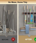 Wall Mount Broom And Mop Holder With Five Slots And Four Hooks Easy Install Space Saving Rustic Wood Tool Organizer Rack installed