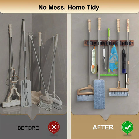 Wall Mount Broom And Mop Holder With Five Slots And Four Hooks Easy Install Space Saving Rustic Wood Tool Organizer Rack installed