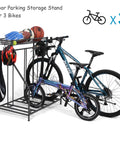 Three Bike Stand Rack for Garage Storage and Indoor Outdoor Use with adjustable slots, holding mountain and kids bikes securely.