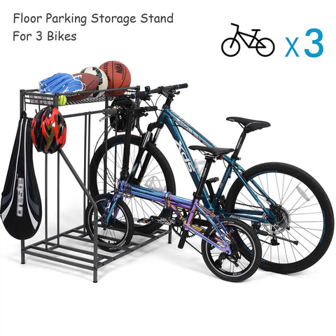 Three Bike Stand Rack for Garage Storage and Indoor Outdoor Use with adjustable slots, holding mountain and kids bikes securely.